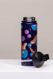 Insulated bottle with colorful design on a white surface