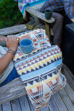 Blanket draped on lap.