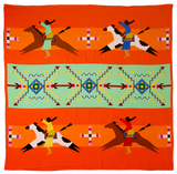 Colorful blanket with horse riders and geometric patterns on an orange background