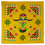 Colorful geometric and floral pattern on a yellow background